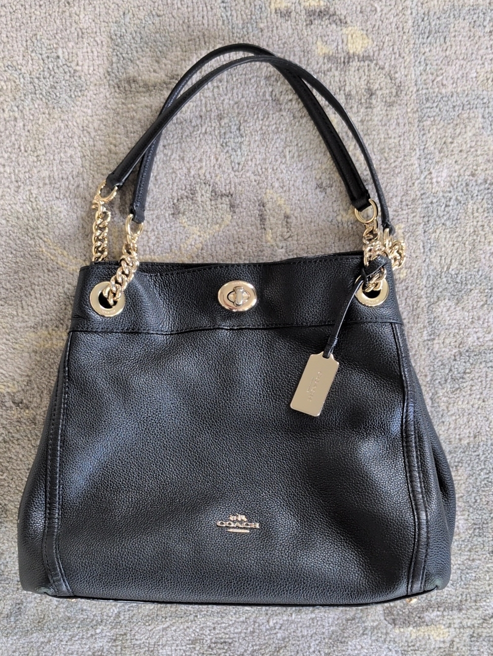 Coach Black Pebbled Leather Turnlock Chain Shoulder Bag Tote